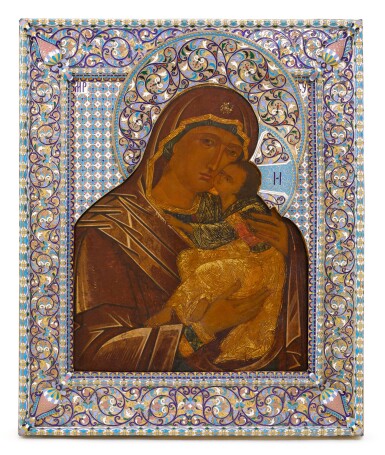 View full screen - View 1 of Lot 253. An Impressive and large silver and cloisonné enamel icon of the Vladimirskaya Mother of God, Vasily Salamatin, Moscow, 1899-1908.