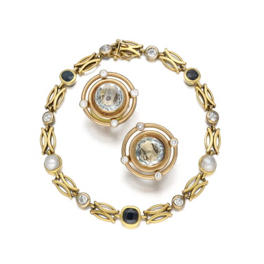 View full screen - View 1 of Lot 132. Pair of aquamarine and diamond earrings, ‘Compass Diamond Halo’ | A gem set bracelet.