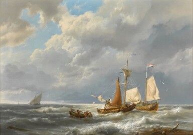 View full screen - View 1 of Lot 41. A Dutch Barge Offshore Amid Small Vessels in a Stiff Breeze.
