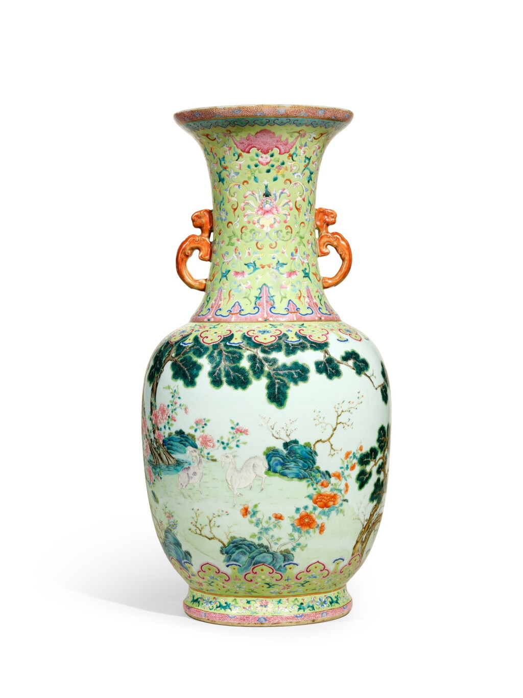 View full screen - View 1 of Lot 9861. A massive lime-green ground famille-rose ‘three rams’ vase, Shende Tang hall mark, Qing dynasty, Daoguang period | 清道光 綠地粉彩通景三羊開泰雙螭耳大瓶 《慎德堂製》款.