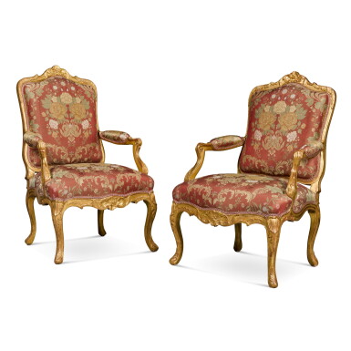 View full screen - View 1 of Lot 86. A pair of Régence giltwood fauteuils by Jean Baptiste I Tilliard, circa 1720.