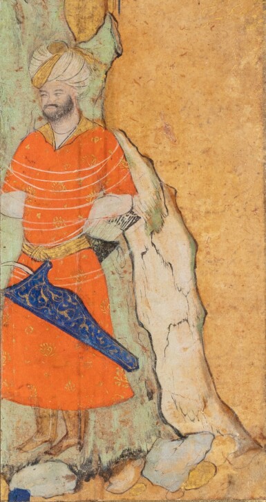 View full screen - View 1 of Lot 340. A fragment from a Shahnama leaf: Aulad fastened to a tree, Persia, Safavid, 17th century.