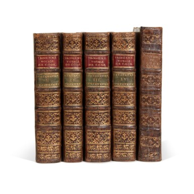 View full screen - View 1 of Lot 12. Captain James Cook and Captain James King | Troisième Voyage de Cook with Cartes et Figures. Paris, 1785, 5 volumes.