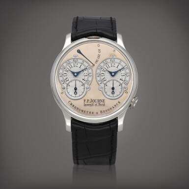 View full screen - View 1 of Lot 65. Résonance 'Pré-production' A platinum dual time zone wristwatch with power reserve indication and brass movement Circa 1999 | F.P. Journe | Résonance 'Pré-production' 鉑金兩地時間腕錶備動力儲存顯示及黃銅機芯,製作年份約 1999.