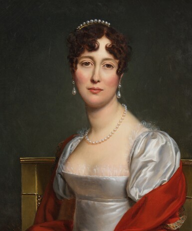View full screen - View 1 of Lot 39. Portrait of Eléonore de Mortemart, née Montmorency (1776-1863), half-length, in a white satin dress with a red shawl.
