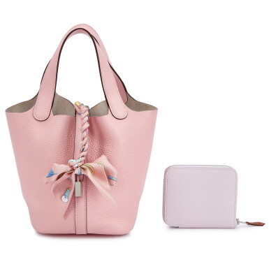 View full screen - View 1 of Lot 6079. Set of Two Rose Sakura Clémence Picotin Lock 18 Palladium Hardware, 2015 and Mauve Pale Epsom Silk'in Compact Wallet Palladium Hardware, 2024.