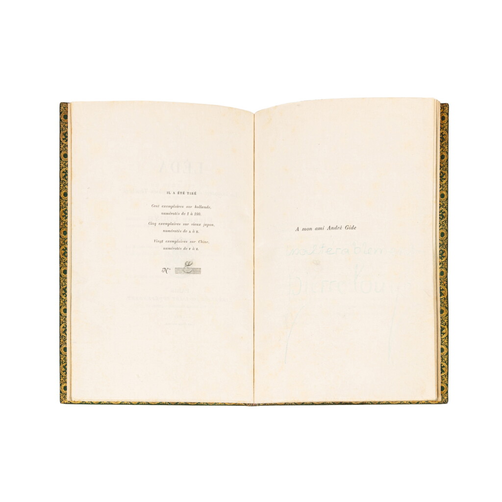 View full screen - View 1 of Lot 97. Léda ou La Louange des bienheureuses ténèbres. 1893. Édition originale, avec envoi à André Gide. Exemplaire sur vieux Japon..