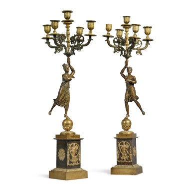 View full screen - View 1 of Lot 27. A Pair of Empire Gilt and Patinated Bronze Five-Light Candelabra, Circa 1815.