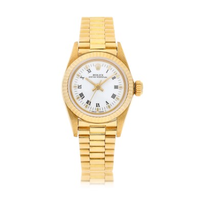 View full screen - View 1 of Lot 8024. Oyster Perpetual, Reference 67198 | A yellow gold wristwatch with bracelet, Circa 1986 | 勞力士 | Oyster Perpetual 型號67198 | 黃金鏈帶腕錶,約1986年製.
