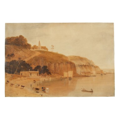 View full screen - View 1 of Lot 382. WILLIAM DANIELL | VIEW OF THE RIGHT BANK OF THE RIVER GANGES, NEAR CURRAH, DECEMBER 1788.