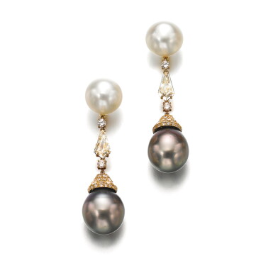 View full screen - View 1 of Lot 564. PAIR OF CULTURED PEARL AND DIAMOND PENDENT EARRINGS.