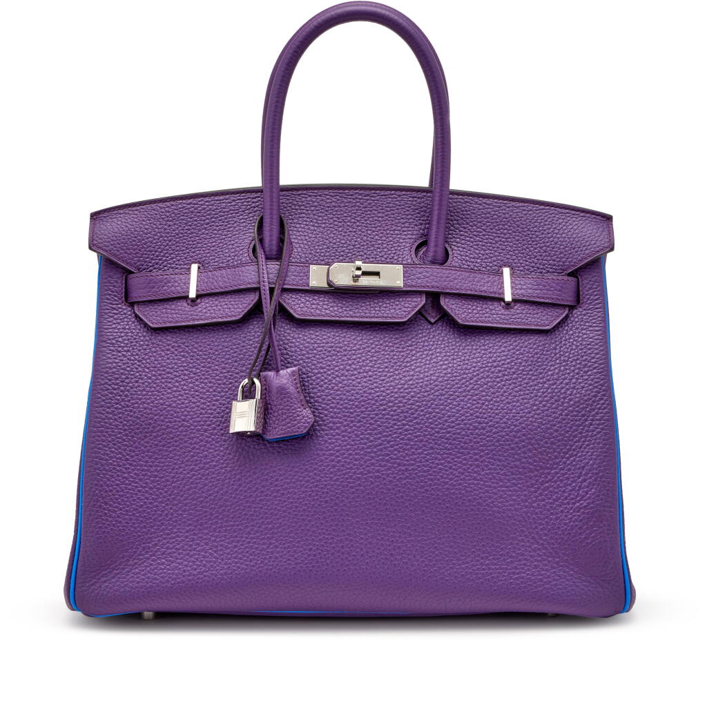View full screen - View 1 of Lot 46. Ultraviolet and Bleu Hydra Clemence Custom Birkin 35 Palladium Hardware, 2012.