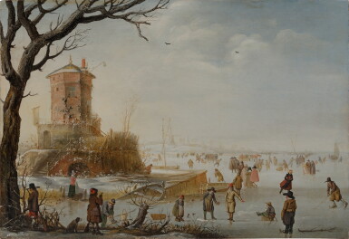 View full screen - View 1 of Lot 2. A winter landscape with skaters and townsfolk on a frozen river by a tower.