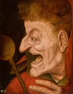 A jester: a grotesque head of a fool brandishing a wooden spoon | 《小丑:揮舞木匙的趣怪愚人頭像》