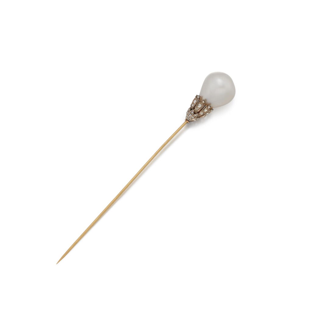 Voir en plein écran - Voir 1 du lot 25. Natural pearl and diamond stick pin, mid-19th century | Anstecknadel mit Diamanten und Naturperle, Mitte des 19. Jh..