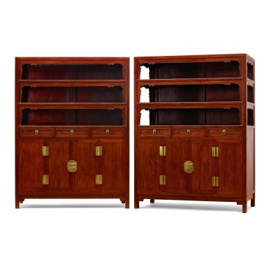 View full screen - View 1 of Lot 75. A RARE AND LARGE PAIR OF HUANGHUALI SQUARE-CORNER DISPLAY CABINETS, WANLIGUI 17TH CENTURY | 十七世紀 黃花梨萬曆櫃成對.