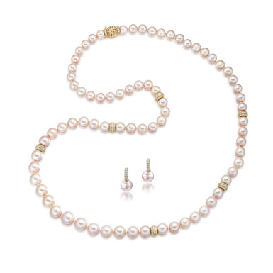 View full screen - View 1 of Lot 1865. Cultured Pearl and Diamond Demi-Parure | 養殖珍珠 配 鑽石 項鍊 及 耳環套裝.