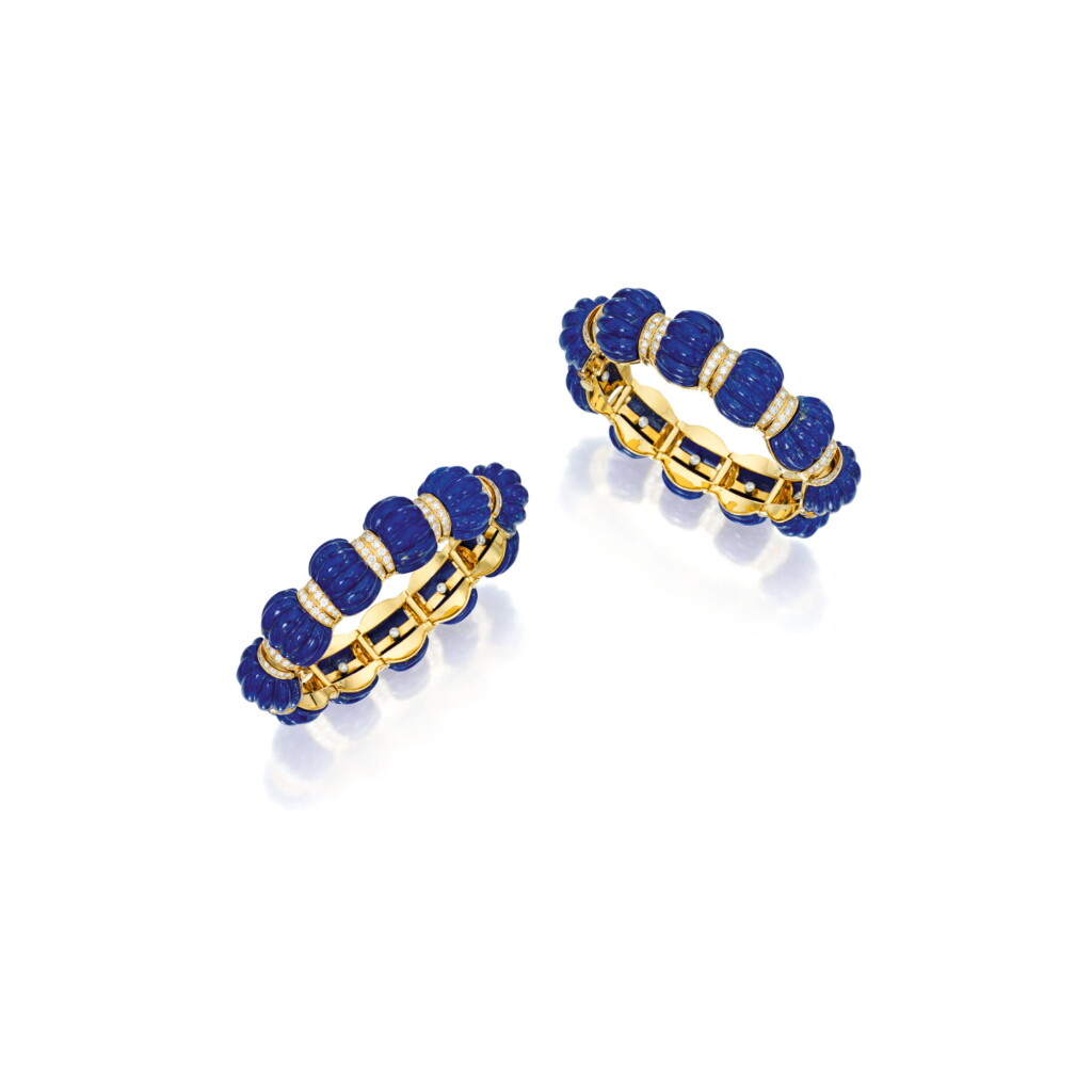 View full screen - View 1 of Lot 412. PAIR OF GOLD, LAPIS LAZULI AND DIAMOND BRACELETS, ALETTO BROTHERS | 黃金鑲青金石配鑽石手鏈一對,Aletto Brothers.