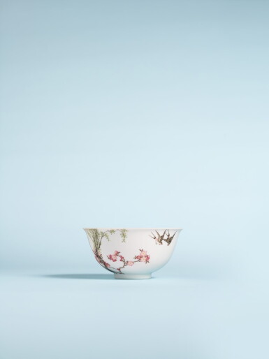 View full screen - View 1 of Lot 1. A highly important and superbly enamelled imperial falangcai ‘swallow’ bowl, Blue enamel mark and period of Qianlong The porcelain possibly Yongzheng period, the enamel painted circa 1736 | 清乾隆 御製琺瑯彩杏林春燕圖盌 《乾隆年製》藍料款 瓷胎或為雍正 琺瑯彩約在1736年繪燒.