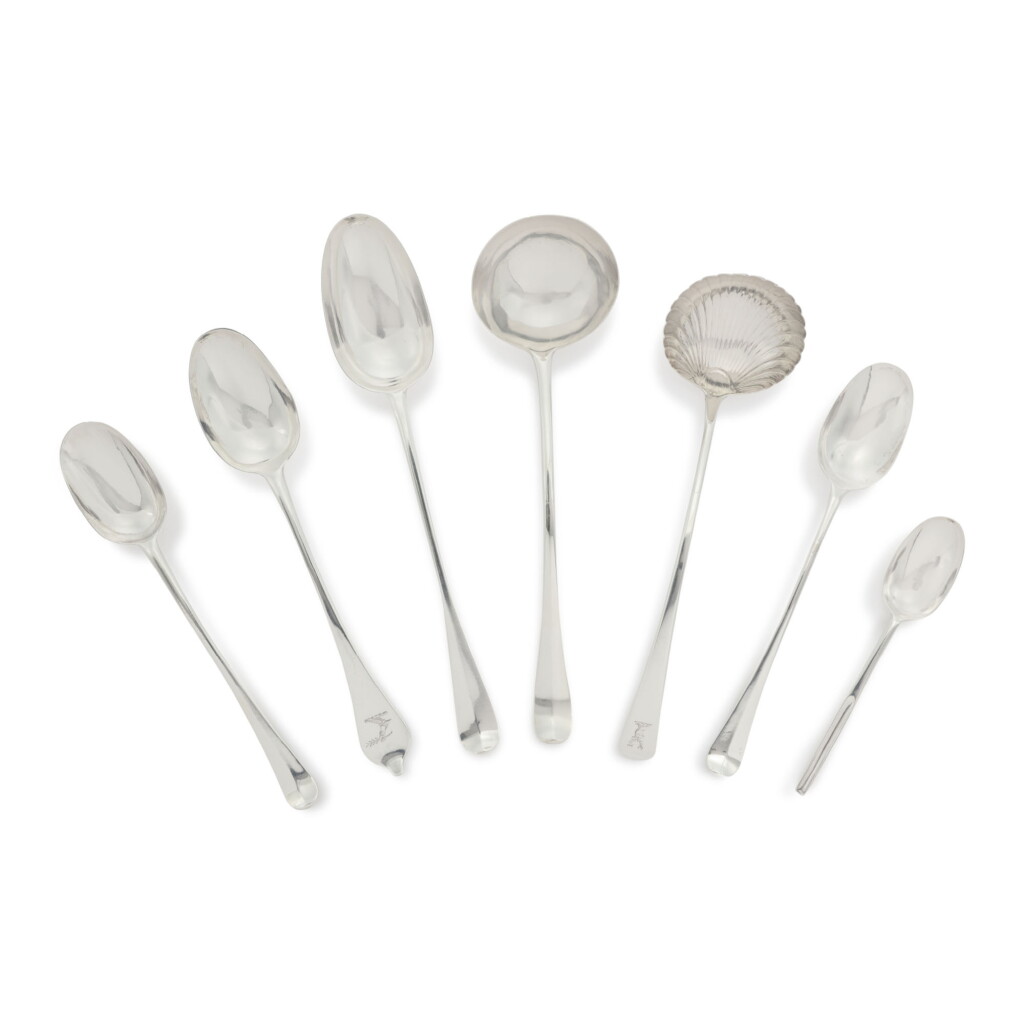 View full screen - View 1 of Lot 594. A GROUP OF ENGLISH SERVING SPOONS, MOST LONDON, 18TH - 19TH CENTURY.