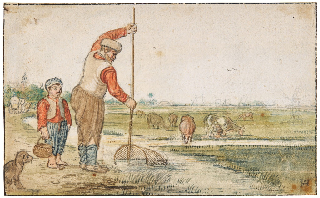 View full screen - View 1 of Lot 97. River landscape with a man and boy fishing, cows and a village behind.