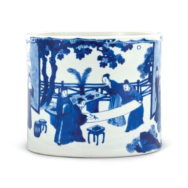 View full screen - View 1 of Lot 303. A blue and white 'Four Accomplishments' brushpot Qing dynasty, Kangxi period | 清康熙 青花四藝圖筆筒.