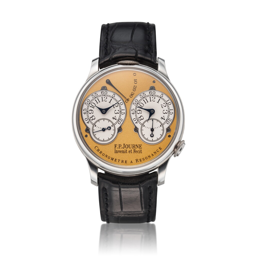 View full screen - View 1 of Lot 422. Chronomètre à Résonance A platinum dual time wristwatch with power reserve indication and brass movement, Circa 2002 .