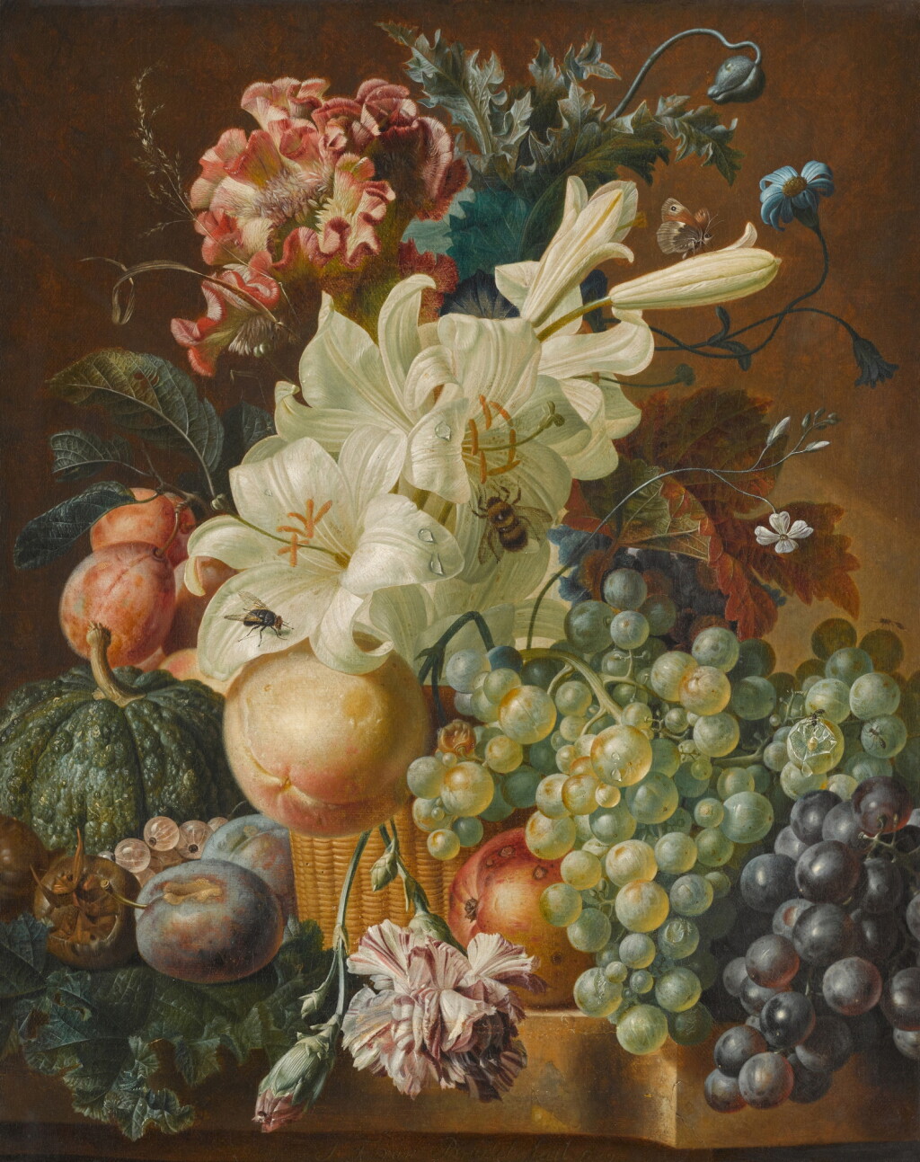 View full screen - View 1 of Lot 94. Still life with lilies, poppies, plums, melons and grapes on a ledge with insects.