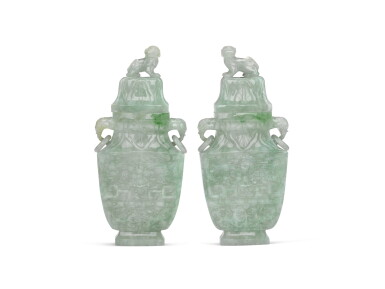 View full screen - View 1 of Lot 129. A pair of jadeite vases and covers, Qing dynasty, 19th century | 清十九世紀 翠玉饕餮紋象耳活環蓋瓶一對.