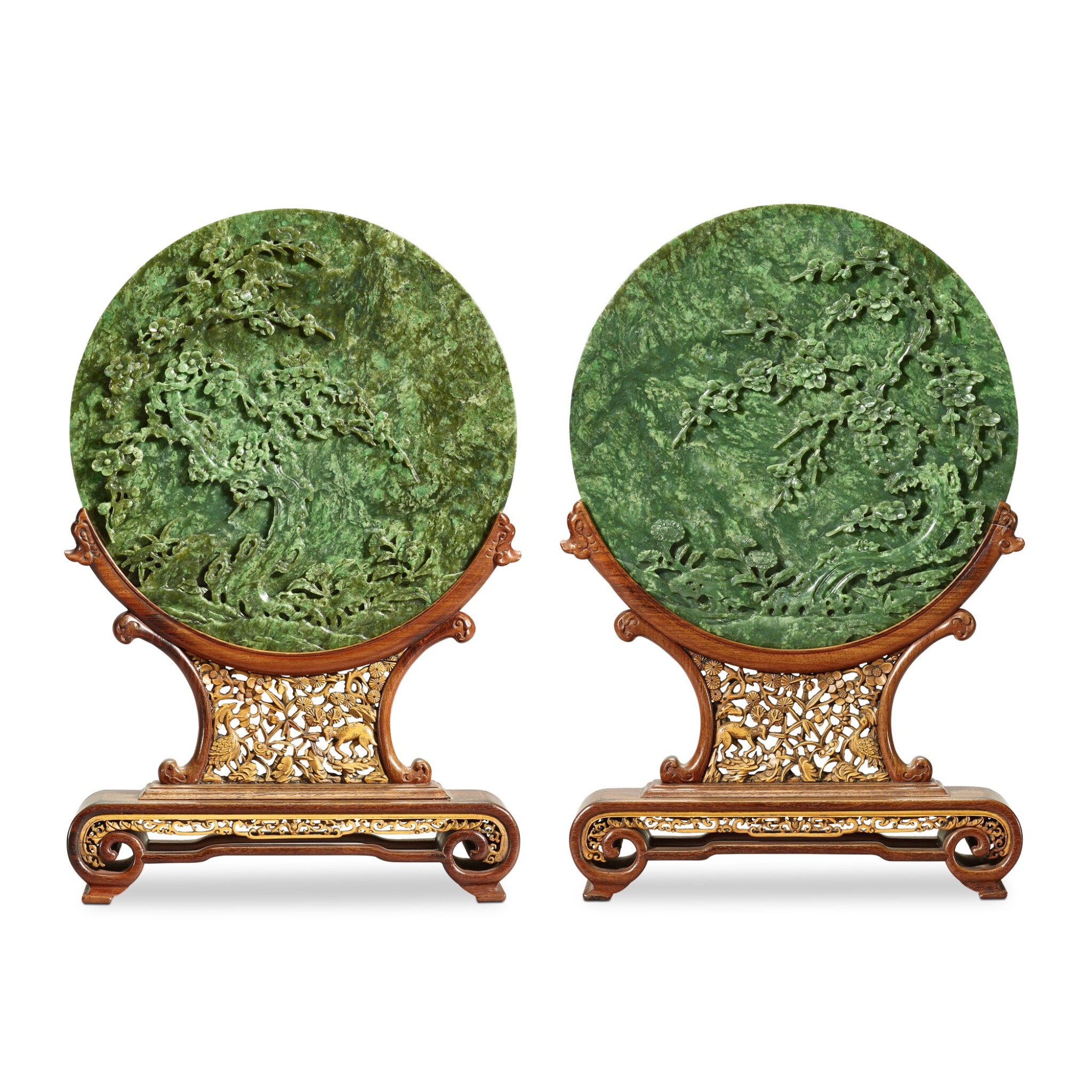 A Pair Of Spinach Green Jade Prunus Table Screens Qing Dynasty Qianlong Period 清乾隆碧玉梅花紋圓插屏一對 Important Chinese Art Including Imperial Jades From The De A Pair Of Spinach Green Jade Prunus Table Screens Qing Dynasty Qianlong Period 清乾隆碧玉梅花紋圓插屏一對 Important Chinese Art Including Imperial Jades From The De