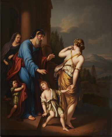 View full screen - View 1 of Lot 485. A Berlin (K.P.M.) Large Rectangular porcelain Plaque, ‘The Banishment of Ishmael and Hager', Late 19th Century.