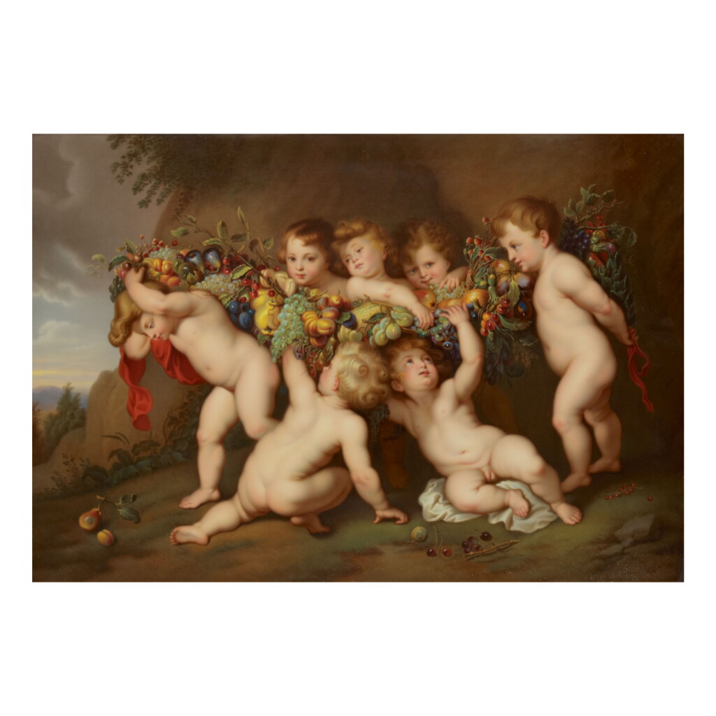 View full screen - View 1 of Lot 841. A BERLIN (K.P.M) PORCELAIN RECTANGULAR PLAQUE, 'THE GARLAND OF FRUIT' LATE 19TH CENTURY.