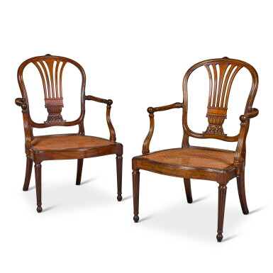 View full screen - View 1 of Lot 26. A pair of George III mahogany armchairs, circa 1770, attributed to John Linnell.
