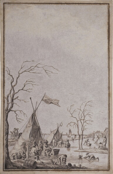 View full screen - View 1 of Lot 364. Skaters on a frozen river, with two tents in the foreground.