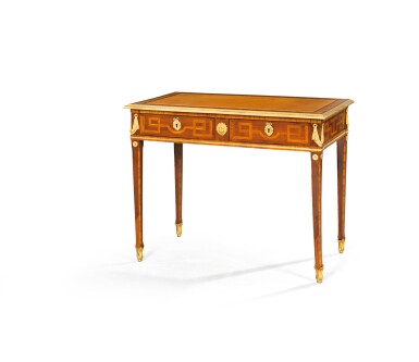 View full screen - View 1 of Lot 191. A LATE LOUIS XV GILT-BRONZE MOUNTED AMARANTH AND TULIPWOOD BUREAU PLAT BY PHILIPPE MONTIGNY, CIRCA 1770 | BUREAU PLAT EN PLACAGE D'AMARANTE ET BOIS DE ROSE DE LA FIN DE L'ÉPOQUE LOUIS XV, VERS 1770, PAR PHILIPPE MONTIGNY.