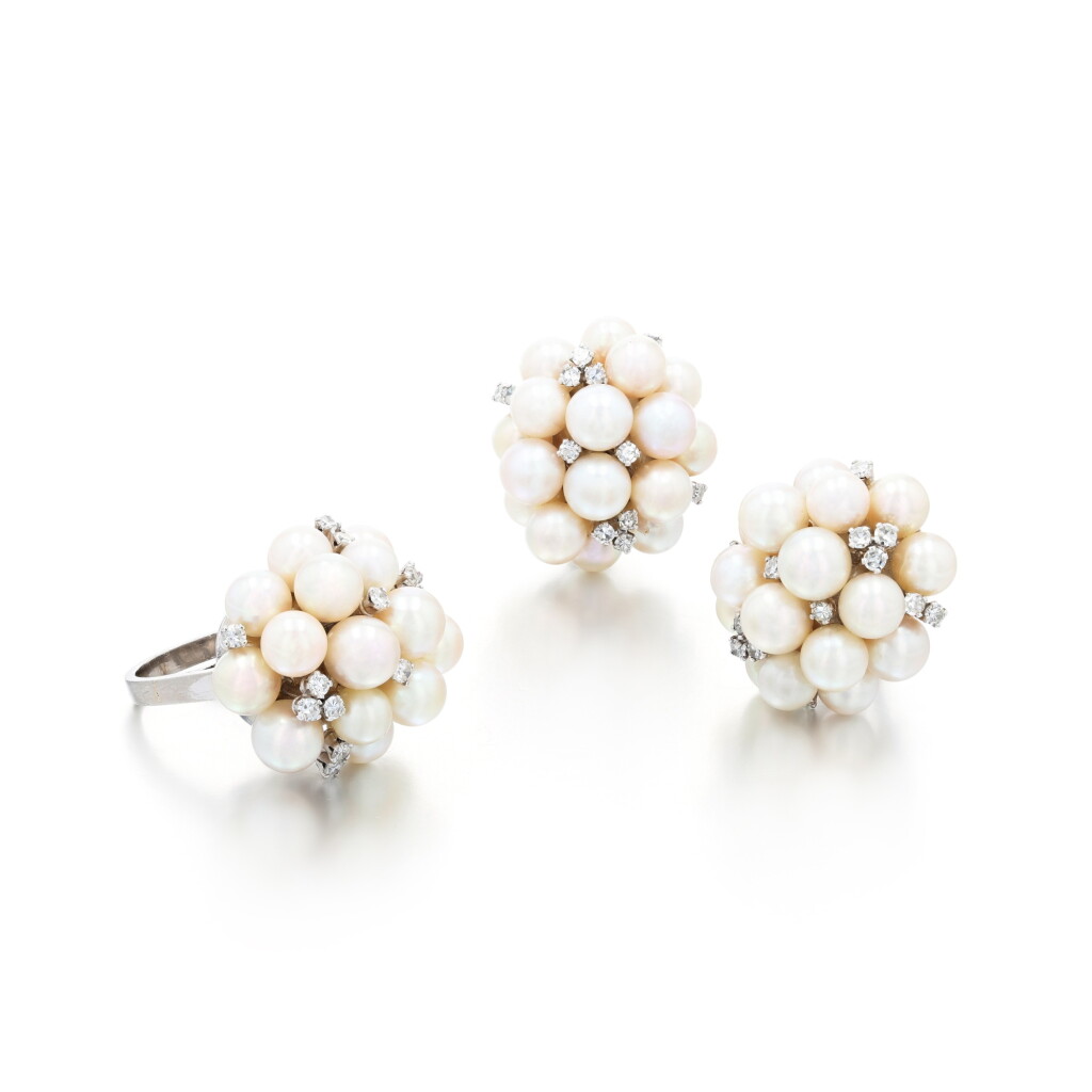 View full screen - View 1 of Lot 256. Cultured pearl and diamond demi-parure | Demi-parure perles de culture et diamants.