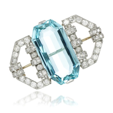 View full screen - View 1 of Lot 118. Aquamarine and diamond brooch, 1930s.