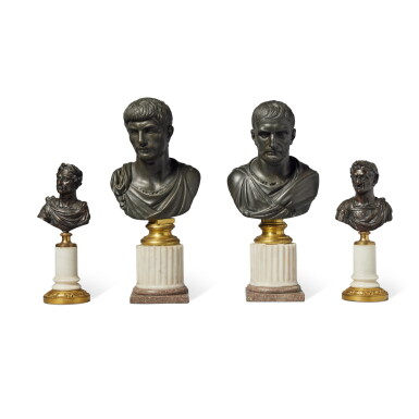 View full screen - View 1 of Lot 1262. Two Pairs of Patinated and Gilt-Bronze Busts of Roman Emperors, 19th Century .
