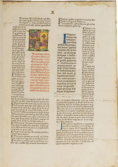 View full screen - View 1 of Lot 132. Justinianus, Institutiones, Rome, 1473, calf over wooden boards with manuscript endleaves.