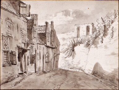 View full screen - View 1 of Lot 333. View of the Papentoren, Haarlem (recto); figure study (verso).