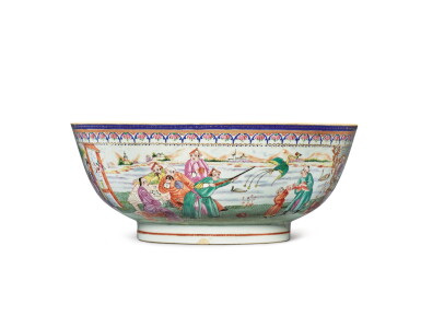View full screen - View 1 of Lot 481. A Chinese Export Famille-rose Punchbowl, Qing Dynasty, Qianlong Period, circa 1795, Partially Later Decorated in Europe | 清乾隆 約1795年 歐洲後加彩人物故事圖大盌.