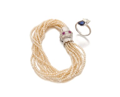 View full screen - View 1 of Lot 51. CULTURED PEARL, RUBY AND DIAMOND BRACELET AND SAPPHIRE AND DIAMOND RING (BRACCIALE IN PERLE COLTIVATE, RUBINI E DIAMANTI E ANELLO CON ZAFFIRO E DIAMANTE) .