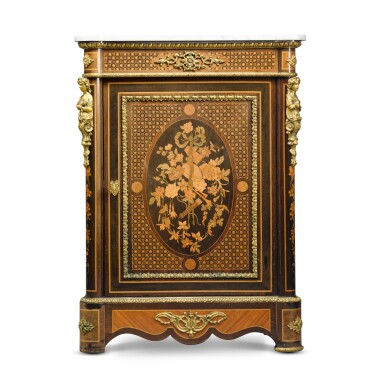 View full screen - View 1 of Lot 505. A French gilt-bronze mounted bois satiné, amaranth, sycamore and fruitwood marquetry side cabinet, late 19th century.