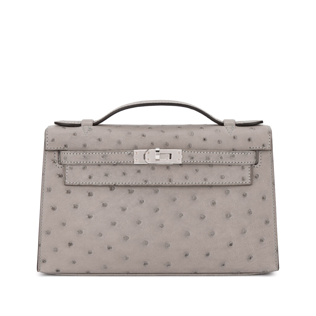 View full screen - View 1 of Lot 546. Gris Mouette Ostrich Kelly Pochette Palladium Hardware, 2025.