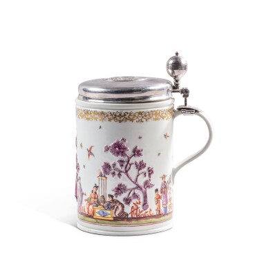 View full screen - View 1 of Lot 450. A Meissen porcelain chinoiserie tankard with German silver mount, the porcelain circa 1725, the decoration 19th century, the mounts by Friedrich Gundlach, Schwerin, circa 1730 .