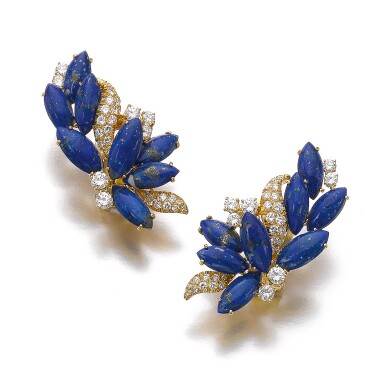 View full screen - View 1 of Lot 506. PAIR OF LAPIS LAZULI AND DIAMOND EAR CLIPS, VAN CLEEF & ARPELS.