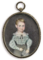 AMERICAN SCHOOL, 19TH CENTURY | MINIATURE PORTRAIT OF A BLOND HAIR BOY IN A PLAID SHIRT HOLDING A SKETCHBOOK