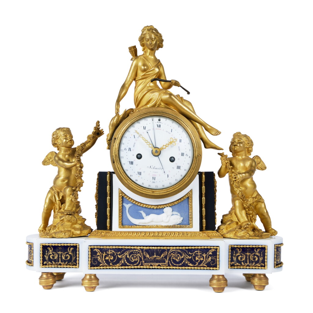 View full screen - View 1 of Lot 111. A Directoire Gilt-Bronze Mounted Paris (Duc D'Angoulême) Porcelain Figural Mantel Clock, Circa 1795.