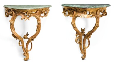 View full screen - View 1 of Lot 154. A PAIR OF GERMAN ROCOCO CARVED GILTWOOD CONSOLE TABLES, CIRCLE OF JOHANN MICHAEL II OR JOHANN CHRISTIAN HOPPENHAUPT, BERLIN OR POTSDAM, MID-18TH CENTURY.