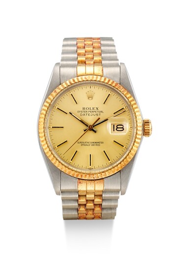 View full screen - View 1 of Lot 8072. ROLEX | DATEJUST, REFERENCE 16013, A YELLOW GOLD AND STAINLESS STEEL WRISTWATCH WITH DATE AND BRACELET, CIRCA 1985.
